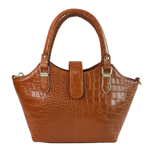 Tanhood Vittoria Light Brown Genuine Leather Croco Pattern Women Top Handle Handbag