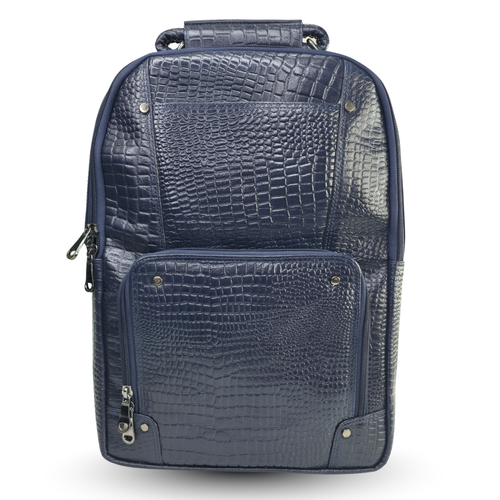 TANHOOD Foligno Genuine Leather Laptop Backpack - Navy Blue Croco Embossed Structured Backpack for Office, Travel & Everyday Carry