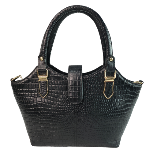 Tanhood Vittoria Black Genuine Leather Croco Pattern Women Top Handle Handbag