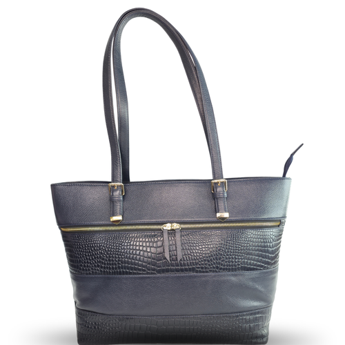 Tanhood Milan Navy Blue Genuine Leather Solid & Croco Pattern Women Tote Bag | Office Shoulder Handbag for Work, Travel & Everyday Carry