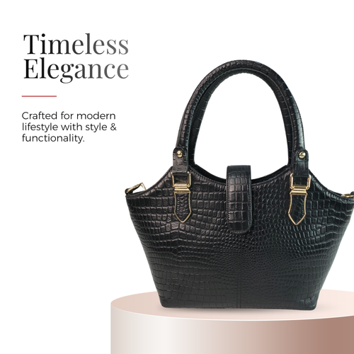Tanhood Vittoria Black Genuine Leather Croco Pattern Women Top Handle Handbag