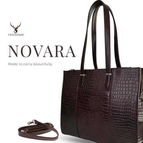 TANHOOD Novara Women’s Genuine Leather Tote Bag – Dark Brown Croco Embossed with Detachable Shoulder Strap