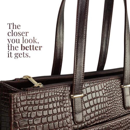 TANHOOD Novara Women’s Genuine Leather Tote Bag – Dark Brown Croco Embossed with Detachable Shoulder Strap