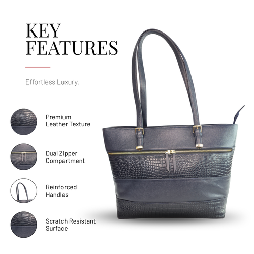 Tanhood Milan Navy Blue Genuine Leather Solid & Croco Pattern Women Tote Bag | Office Shoulder Handbag for Work, Travel & Everyday Carry