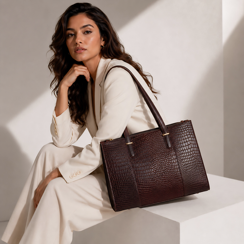 TANHOOD Novara Women’s Genuine Leather Tote Bag – Dark Brown Croco Embossed with Detachable Shoulder Strap
