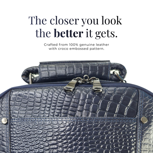 TANHOOD Foligno Genuine Leather Laptop Backpack - Navy Blue Croco Embossed Structured Backpack for Office, Travel & Everyday Carry