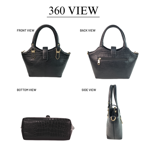 Tanhood Vittoria Black Genuine Leather Croco Pattern Women Top Handle Handbag