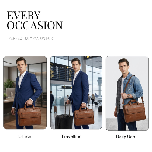 Tanhood Lucca Light Brown Genuine Leather Croco Pattern Laptop Bag | Professional Office Messenger Bag for Men | Shoulder & Hand Carry Briefcase