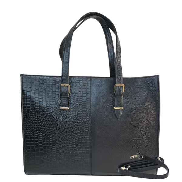 TANHOOD Latina Women’s Genuine Leather Tote Bag – Black Croco & Solid Pattern Embossed with Detachable Shoulder Strap
