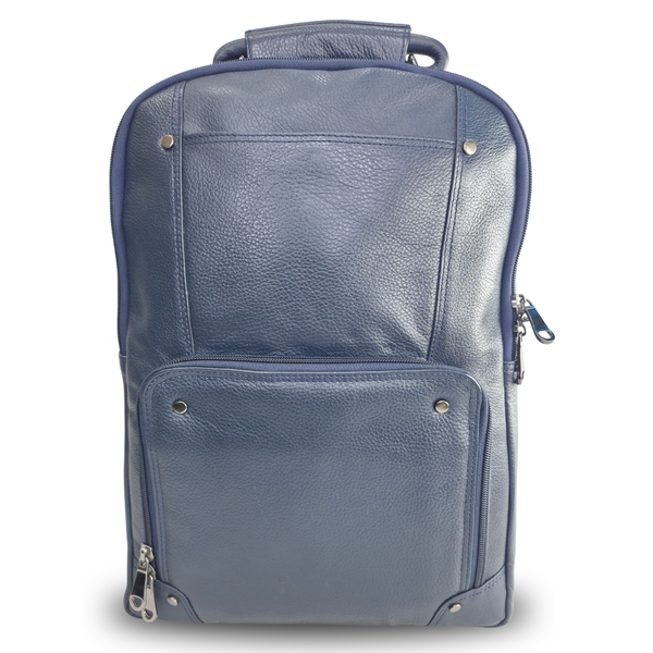 TANHOOD Foligno Genuine Leather Laptop Backpack - Navy Blue Solid Pattern Structured Backpack for Office, Travel & Everyday Carry
