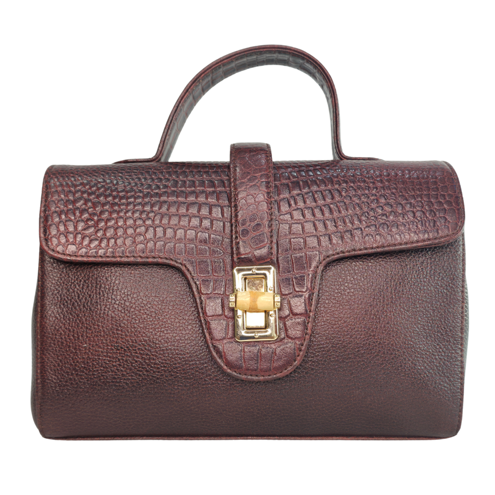 Tanhood Prato Dark Maroon Genuine Leather Croco & Solid Pattern Women Top Handle Sling Bag