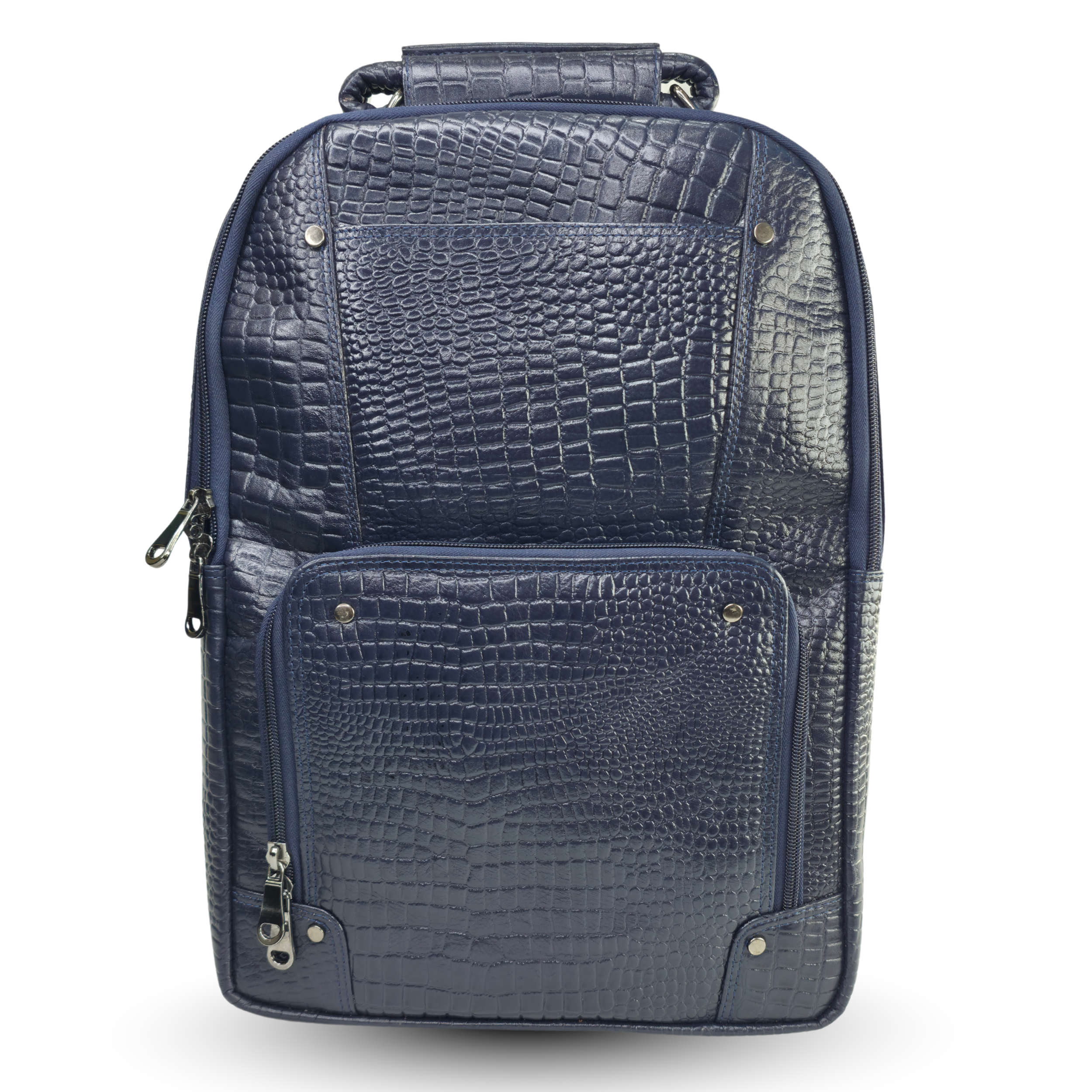 TANHOOD Foligno Genuine Leather Laptop Backpack - Navy Blue Croco Embossed Structured Backpack for Office, Travel & Everyday Carry
