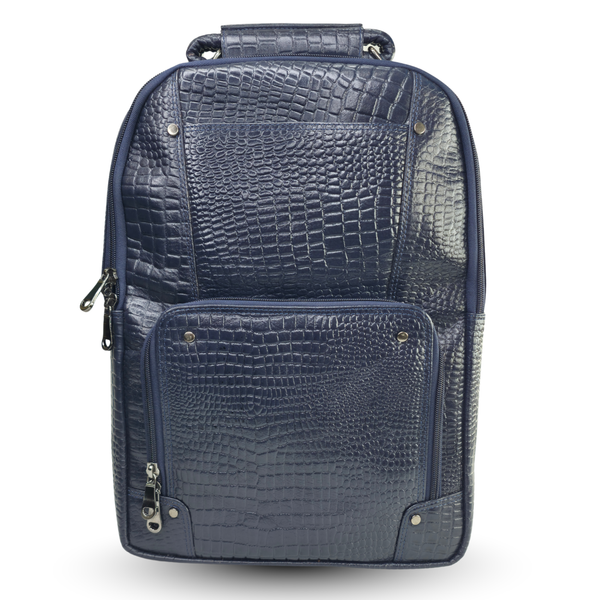 TANHOOD Foligno Genuine Leather Laptop Backpack - Navy Blue Croco Embossed Structured Backpack for Office, Travel & Everyday Carry