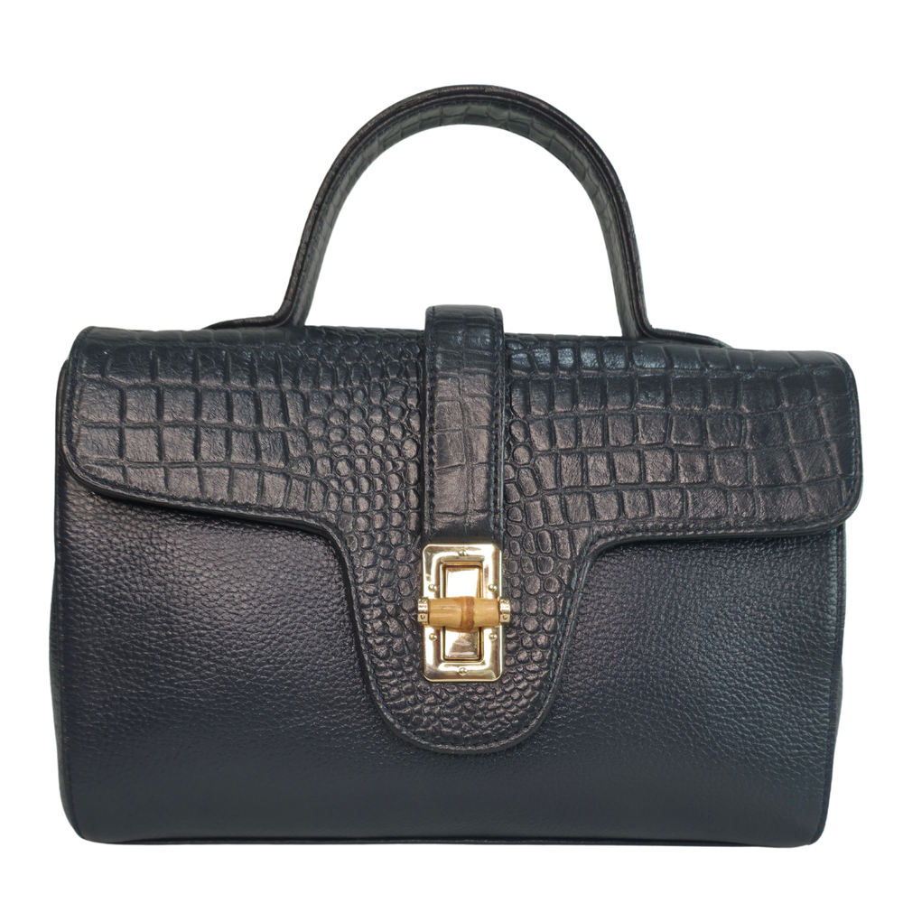 Tanhood Prato Black Genuine Leather Croco & Solid Pattern Women Top Handle Sling Bag