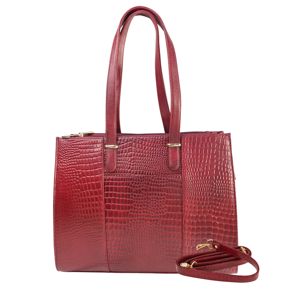 TANHOOD Novara Women’s Genuine Leather Tote Bag – Maroon Croco Embossed with Detachable Shoulder Strap