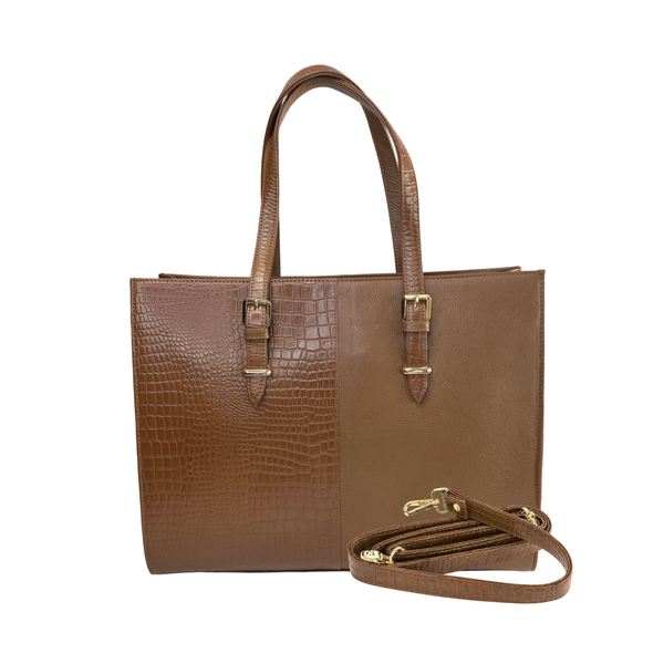 TANHOOD Latina Women’s Genuine Leather Tote Bag – Light Brown Croco & Solid Pattern Embossed with Detachable Shoulder Strap