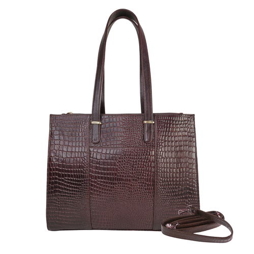 TANHOOD Novara Women’s Genuine Leather Tote Bag – Dark Brown Croco Embossed with Detachable Shoulder Strap