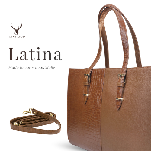TANHOOD Latina Women’s Genuine Leather Tote Bag – Light Brown Croco & Solid Pattern Embossed with Detachable Shoulder Strap