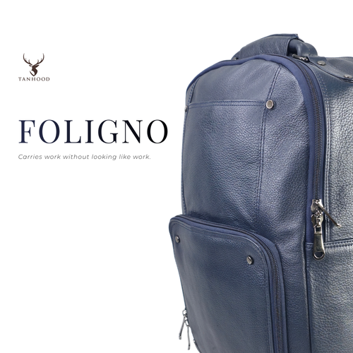 TANHOOD Foligno Genuine Leather Laptop Backpack - Navy Blue Solid Pattern Structured Backpack for Office, Travel & Everyday Carry