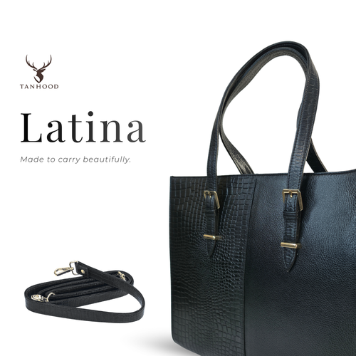 TANHOOD Latina Women’s Genuine Leather Tote Bag – Black Croco & Solid Pattern Embossed with Detachable Shoulder Strap