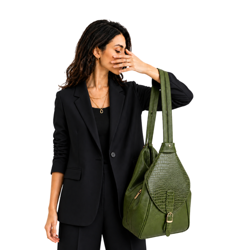 Tanhood Savona Olive Green Genuine Leather Croco Pattern 2-in-1 Convertible Backpack & Tote Bag for Women | Stylish Travel & Daily Use Backpack Purse