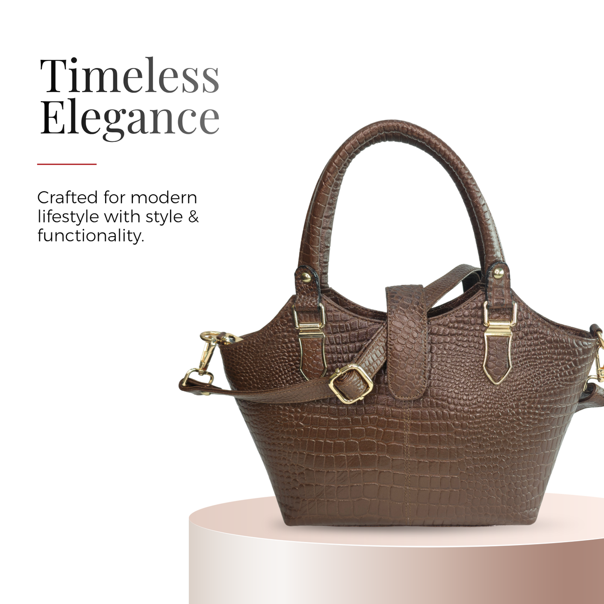 Tanhood Vittoria Dark Brown Genuine Leather Croco Pattern Women Top Handle Handbag