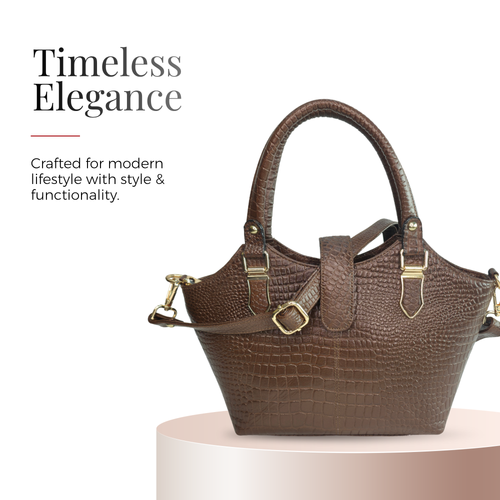 Tanhood Vittoria Dark Brown Genuine Leather Croco Pattern Women Top Handle Handbag