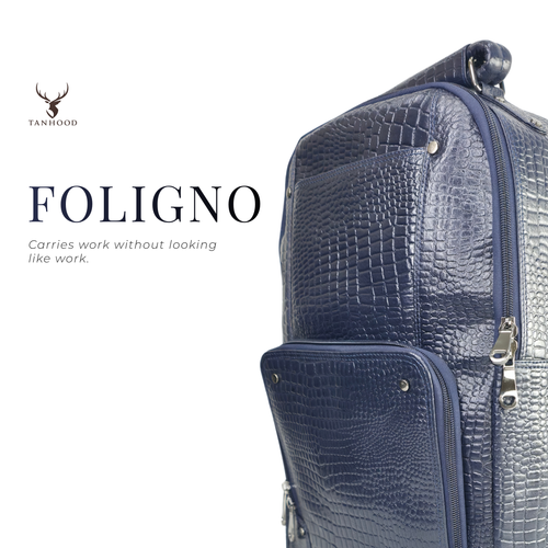 TANHOOD Foligno Genuine Leather Laptop Backpack - Navy Blue Croco Embossed Structured Backpack for Office, Travel & Everyday Carry