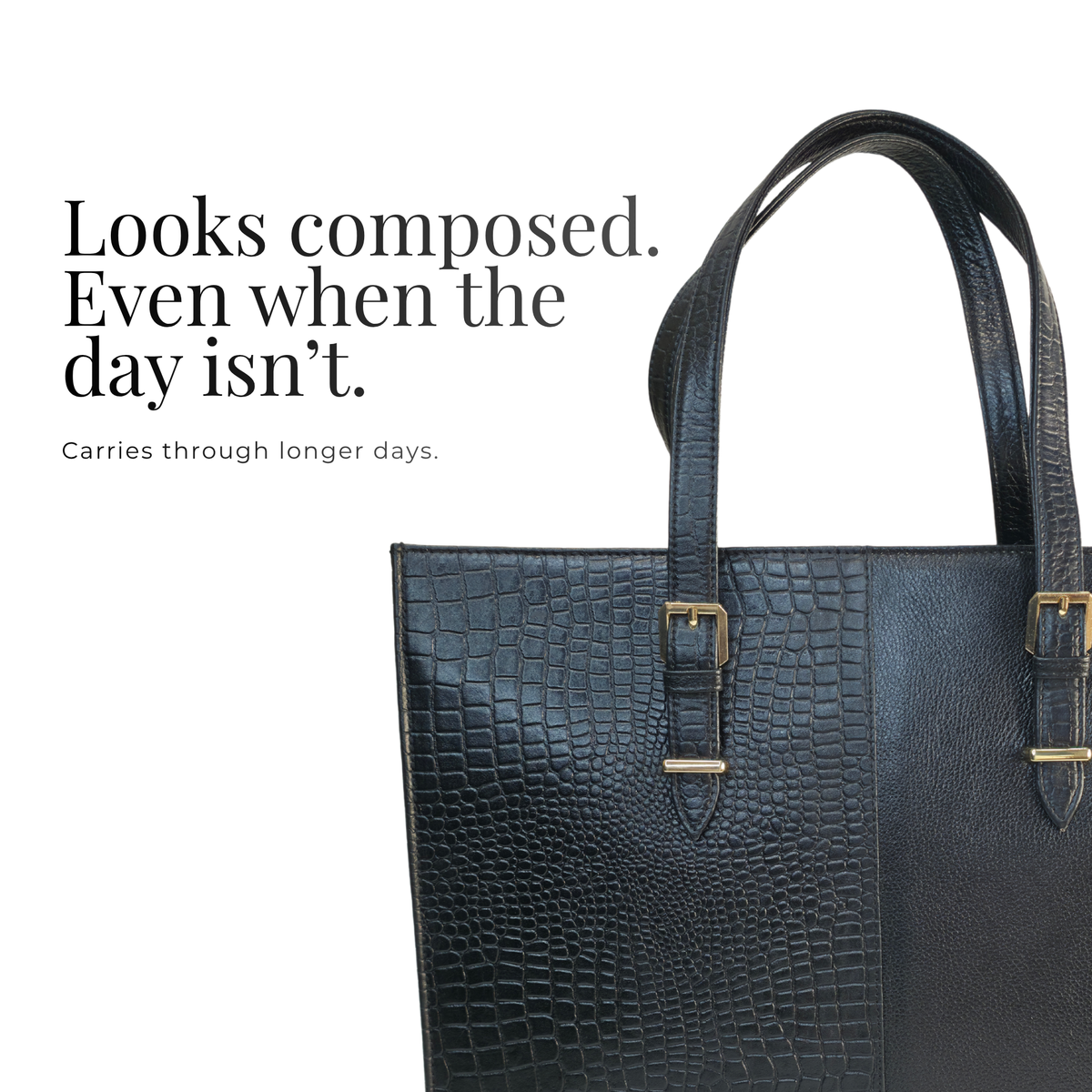TANHOOD Latina Women’s Genuine Leather Tote Bag – Black Croco & Solid Pattern Embossed with Detachable Shoulder Strap