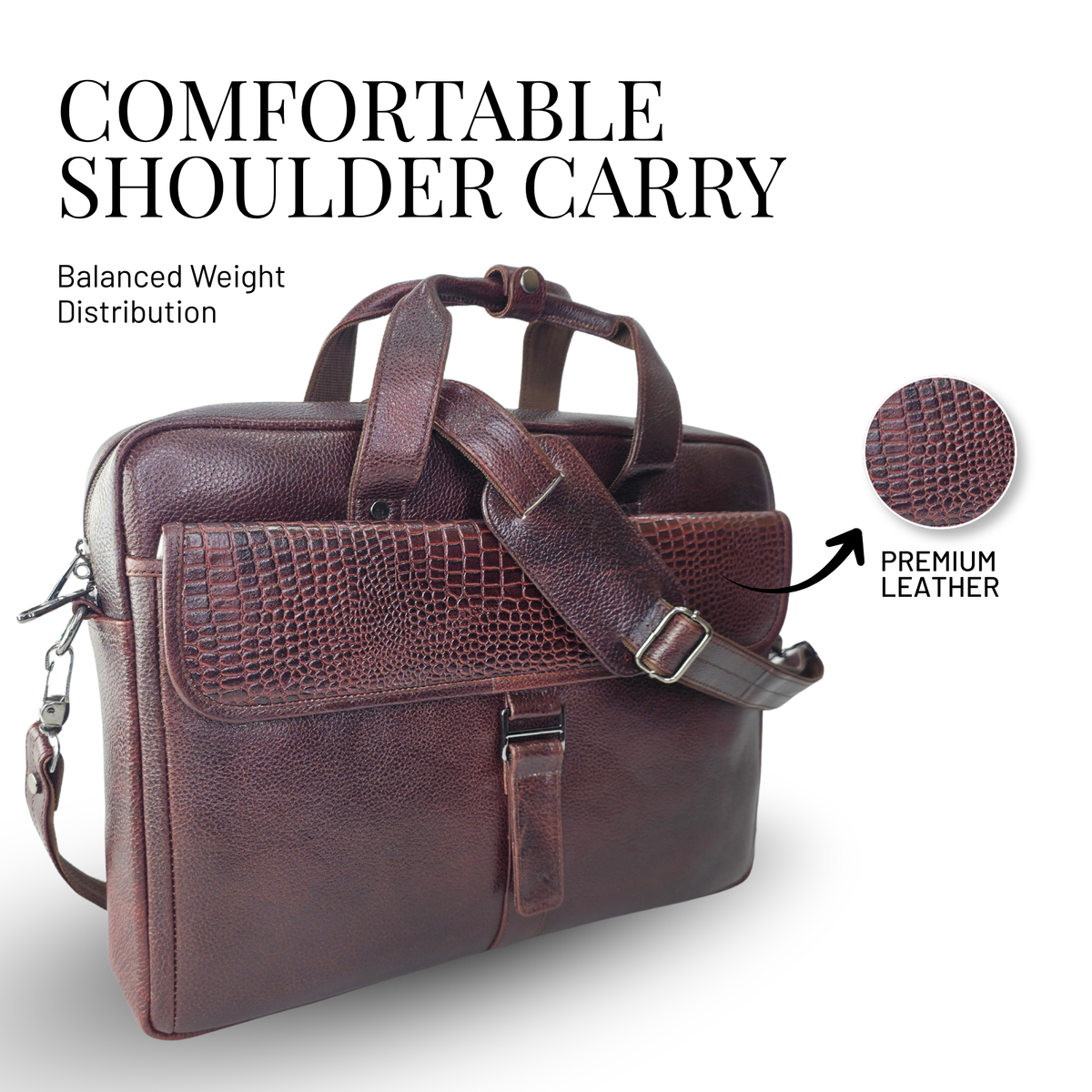 Tanhood Taranto Dark Brown Genuine Leather Croco Pattern Laptop Bag | Professional Office Messenger Bag for Men | Shoulder & Hand Carry Briefcase
