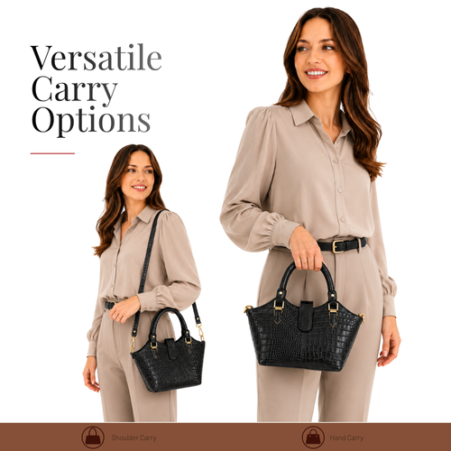 Tanhood Vittoria Black Genuine Leather Croco Pattern Women Top Handle Handbag