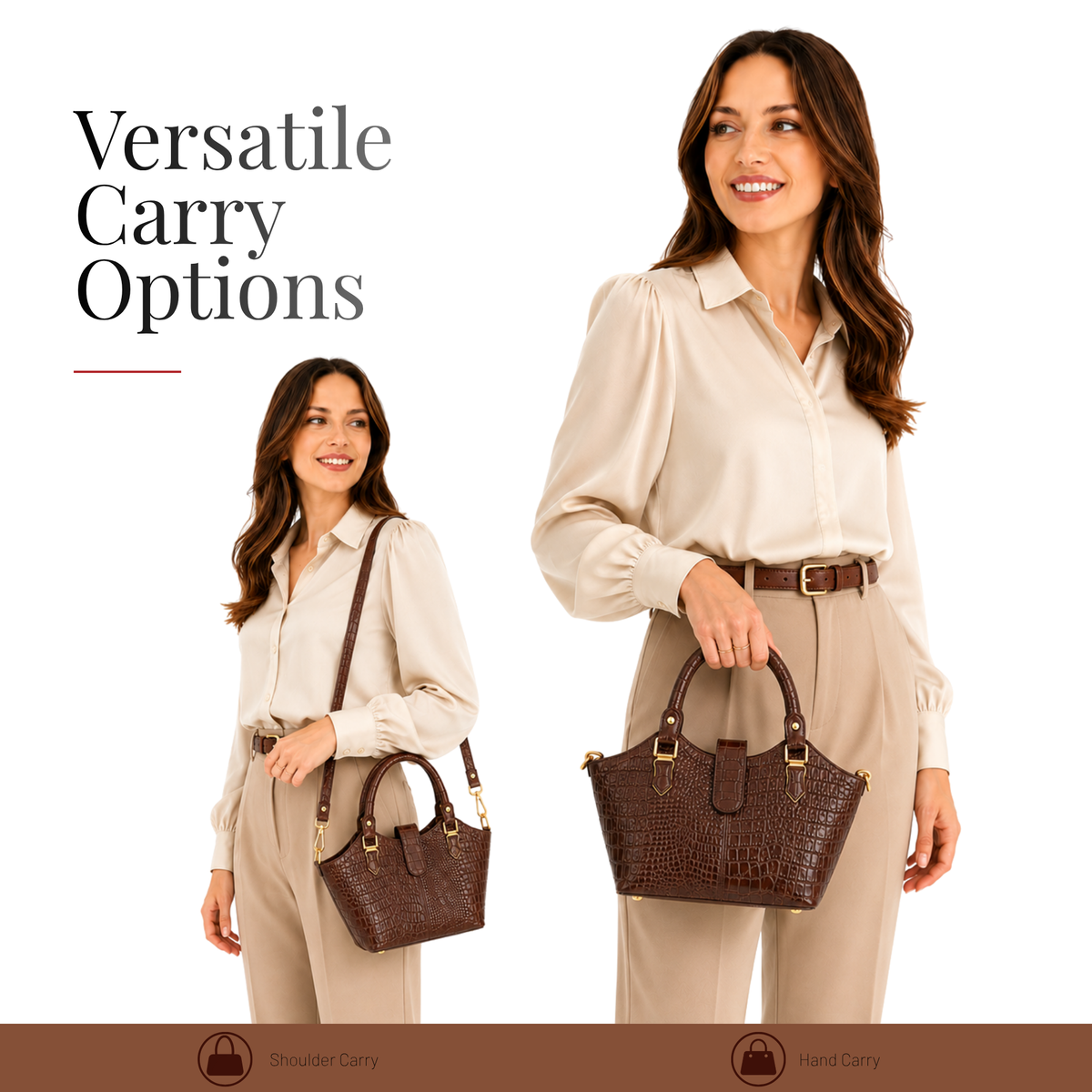 Tanhood Vittoria Dark Brown Genuine Leather Croco Pattern Women Top Handle Handbag