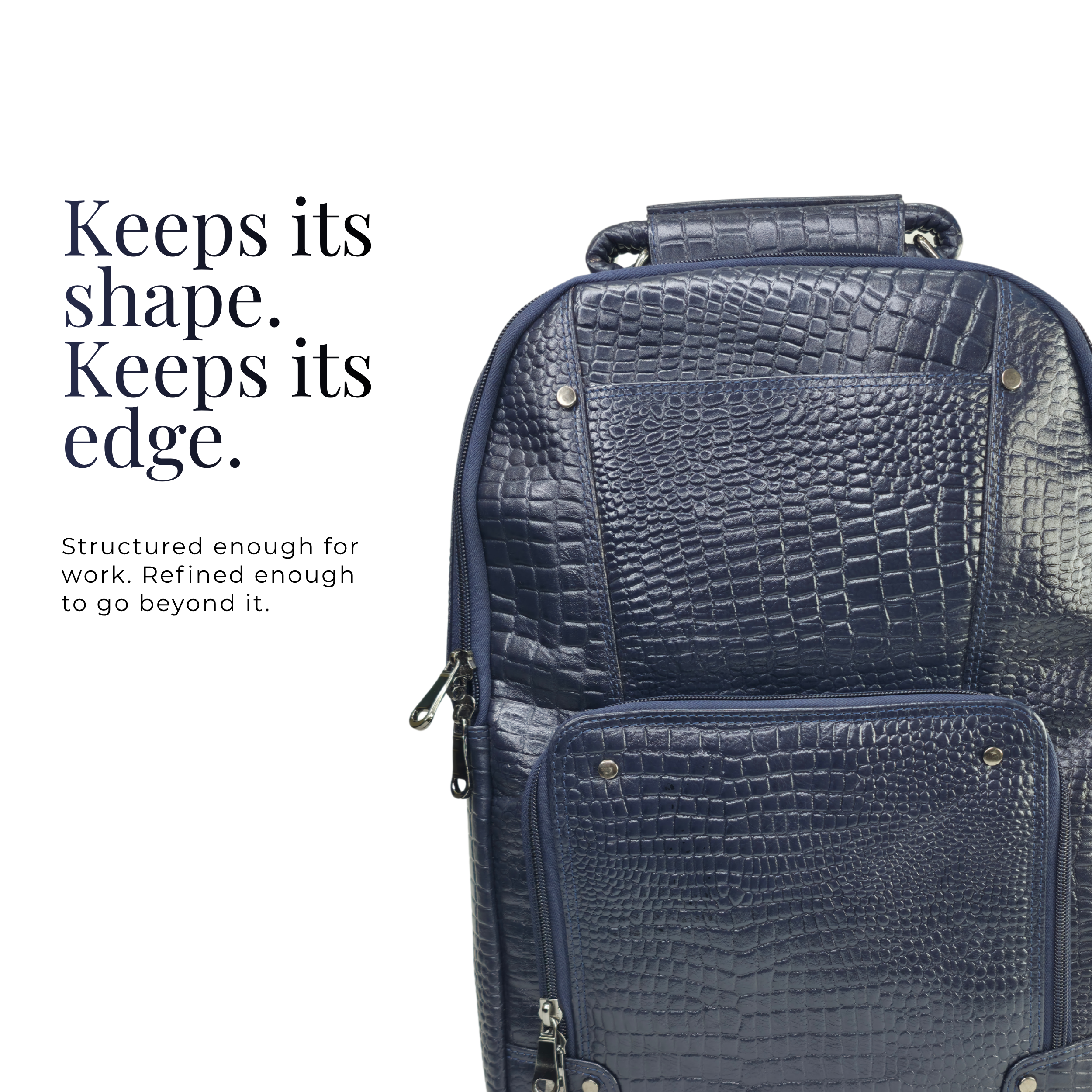 TANHOOD Foligno Genuine Leather Laptop Backpack - Navy Blue Croco Embossed Structured Backpack for Office, Travel & Everyday Carry