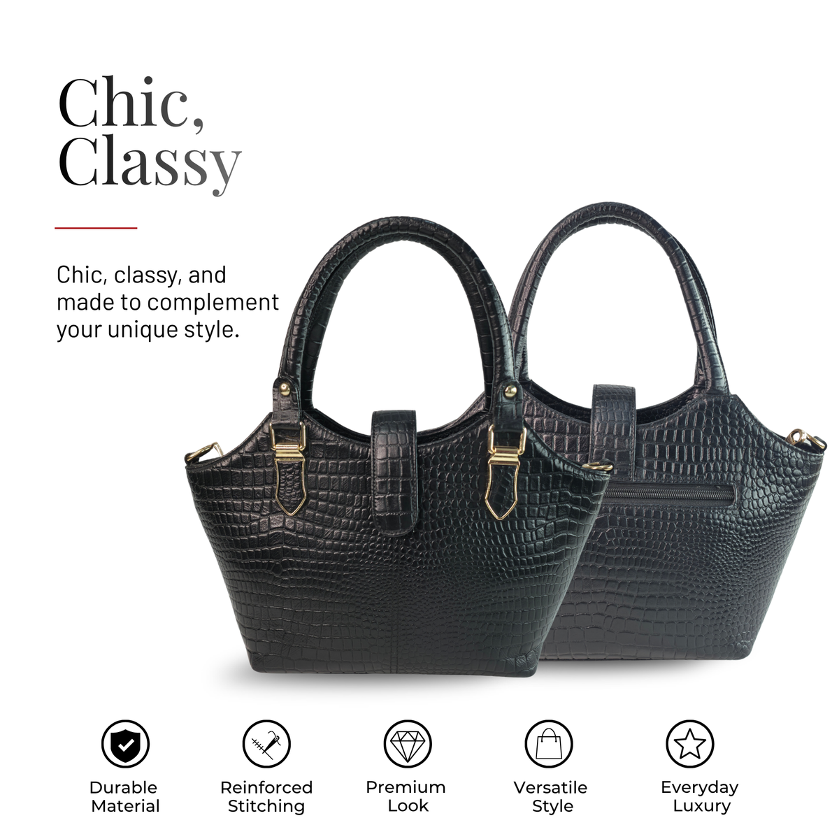Tanhood Vittoria Black Genuine Leather Croco Pattern Women Top Handle Handbag