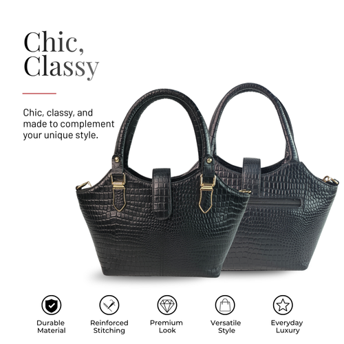 Tanhood Vittoria Black Genuine Leather Croco Pattern Women Top Handle Handbag