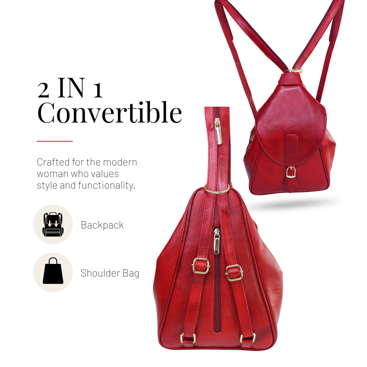 Tanhood Savona Cherry Red Genuine Leather Croco Pattern 2-in-1 Convertible Backpack & Tote Bag for Women | Stylish Travel & Daily Use Backpack Purse