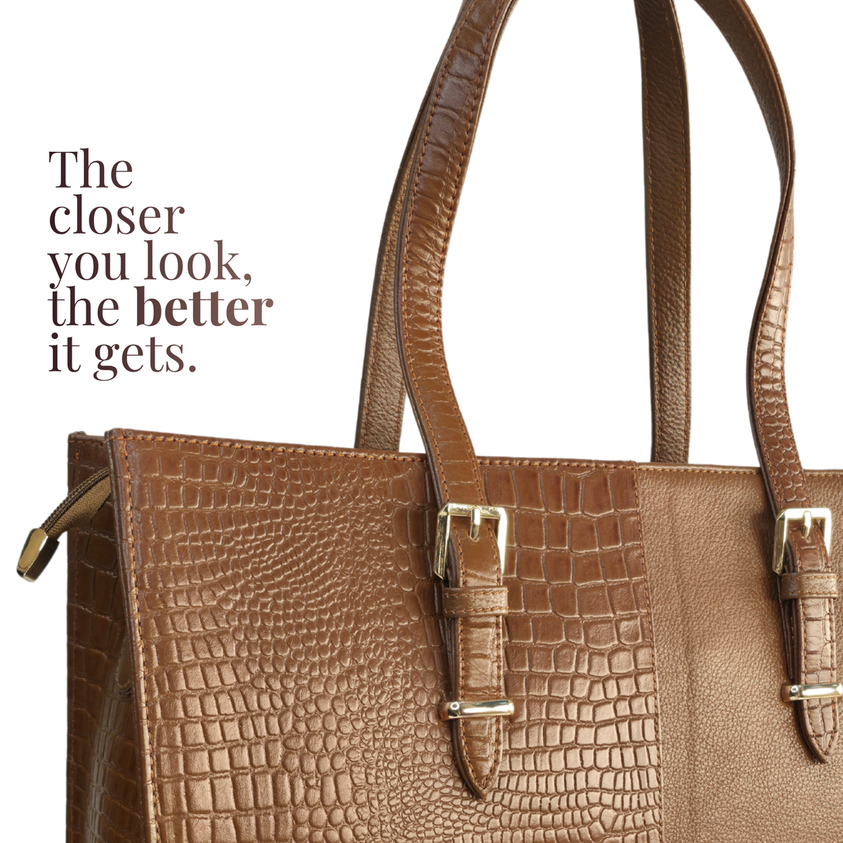 TANHOOD Latina Women’s Genuine Leather Tote Bag – Light Brown Croco & Solid Pattern Embossed with Detachable Shoulder Strap