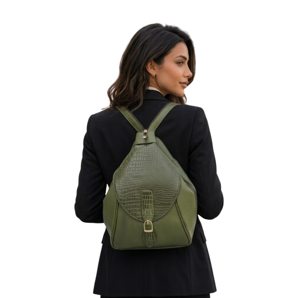 Tanhood Savona Olive Green Genuine Leather Croco Pattern 2-in-1 Convertible Backpack & Tote Bag for Women | Stylish Travel & Daily Use Backpack Purse