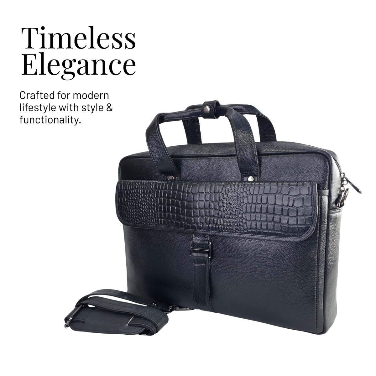 Tanhood Taranto Black Genuine Leather Croco Pattern Laptop Bag | Professional Office Messenger Bag for Men | Shoulder & Hand Carry Briefcase