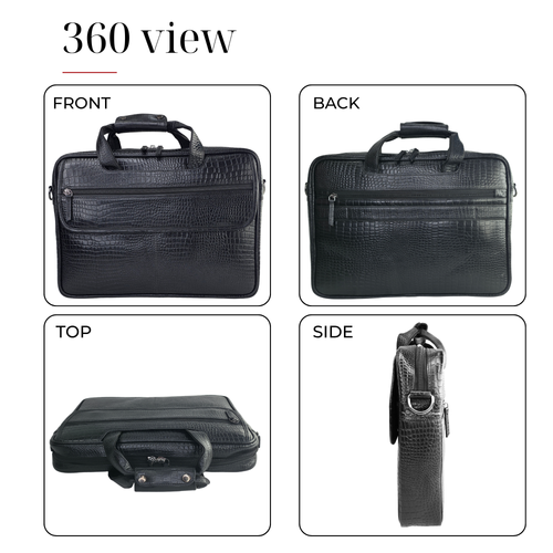Tanhood Lucca Black Genuine Leather Croco Pattern Laptop Bag | Professional Office Messenger Bag for Men | Shoulder & Hand Carry Briefcase
