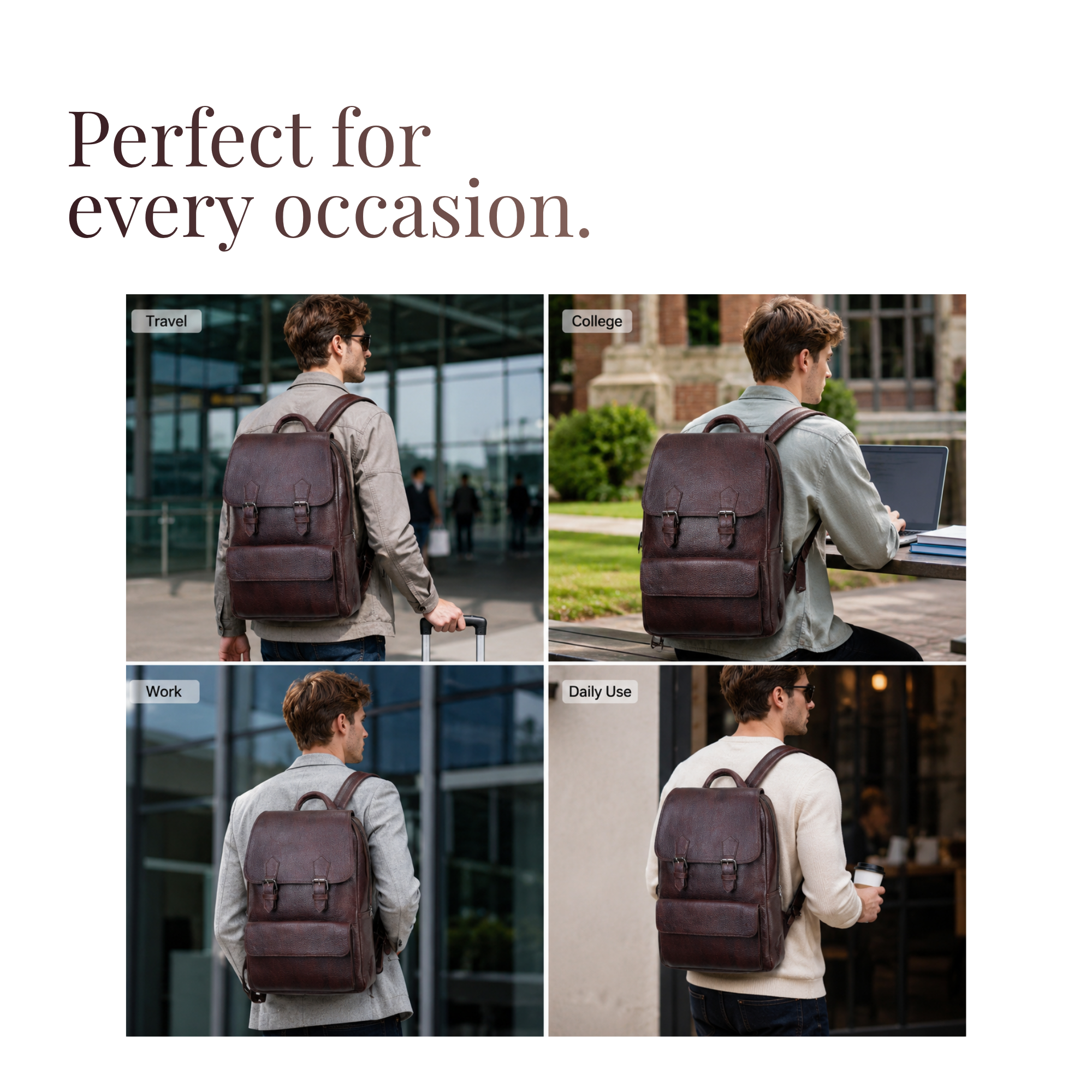 TANHOOD Avellino Genuine Leather Laptop Backpack - Dark Brown Solid Pattern Structured Backpack for Office, Travel & Everyday Carry