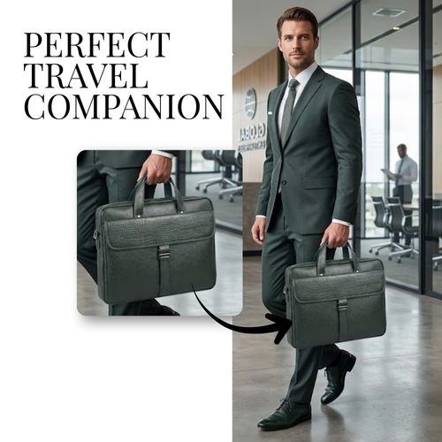 Tanhood Taranto Olive Green Genuine Leather Croco Pattern Laptop Bag | Professional Office Messenger Bag for Men | Shoulder & Hand Carry Briefcase