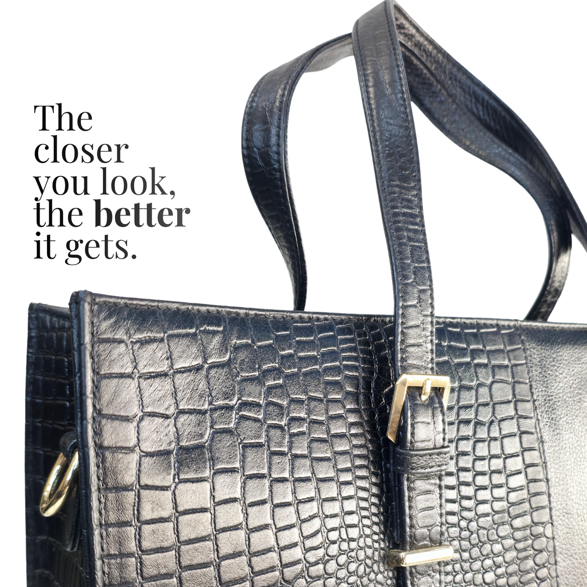 TANHOOD Latina Women’s Genuine Leather Tote Bag – Black Croco & Solid Pattern Embossed with Detachable Shoulder Strap