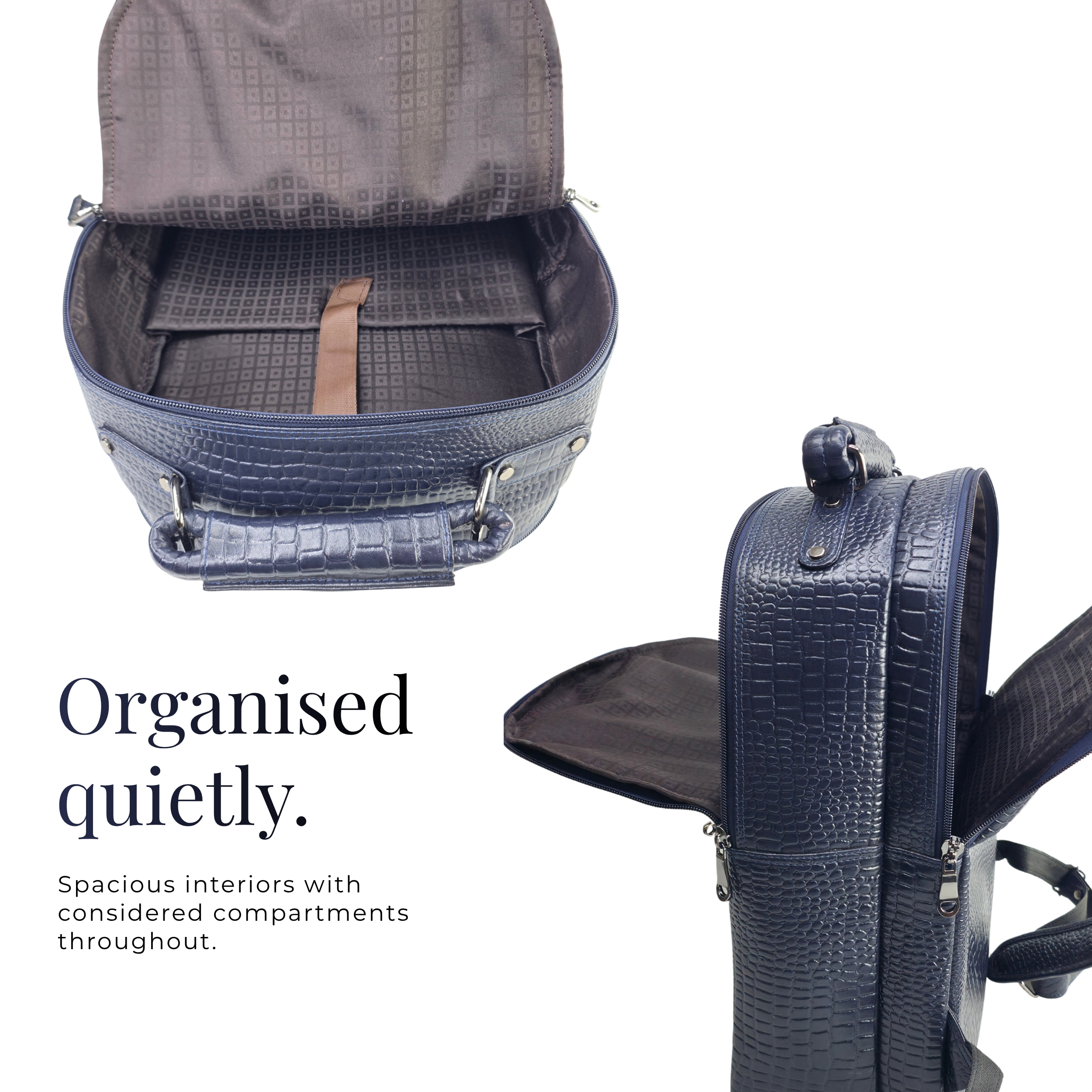 TANHOOD Foligno Genuine Leather Laptop Backpack - Navy Blue Croco Embossed Structured Backpack for Office, Travel & Everyday Carry