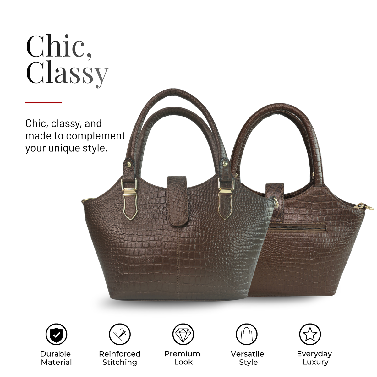Tanhood Vittoria Dark Brown Genuine Leather Croco Pattern Women Top Handle Handbag