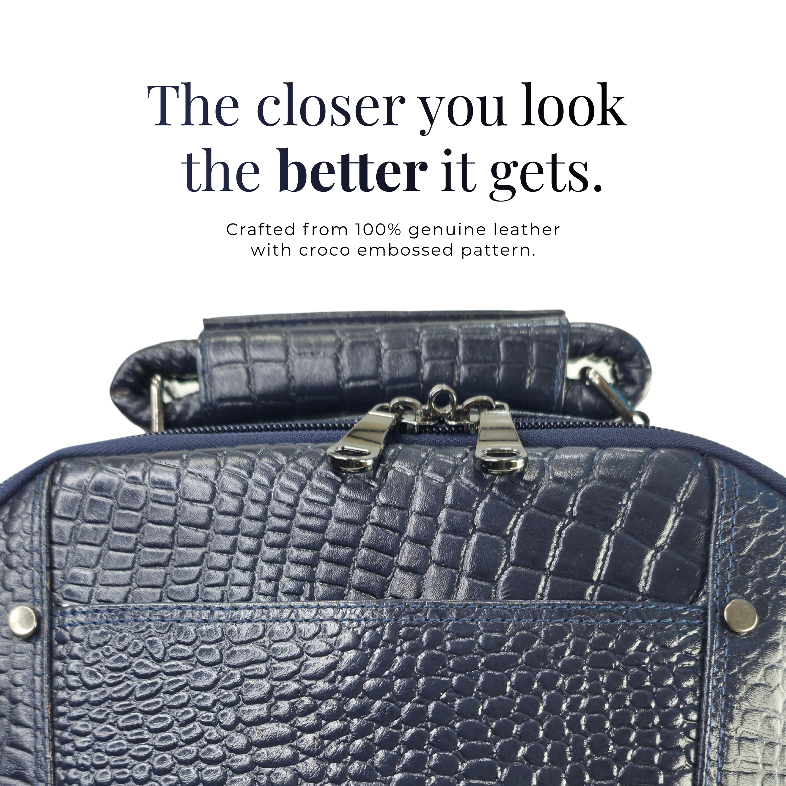TANHOOD Foligno Genuine Leather Laptop Backpack - Navy Blue Croco Embossed Structured Backpack for Office, Travel & Everyday Carry