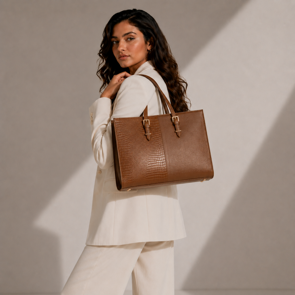 TANHOOD Latina Women’s Genuine Leather Tote Bag – Light Brown Croco & Solid Pattern Embossed with Detachable Shoulder Strap