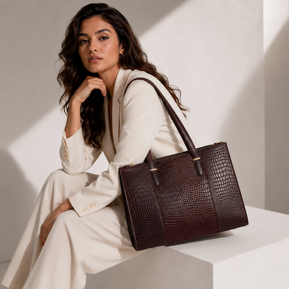 TANHOOD Novara Women’s Genuine Leather Tote Bag – Dark Brown Croco Embossed with Detachable Shoulder Strap