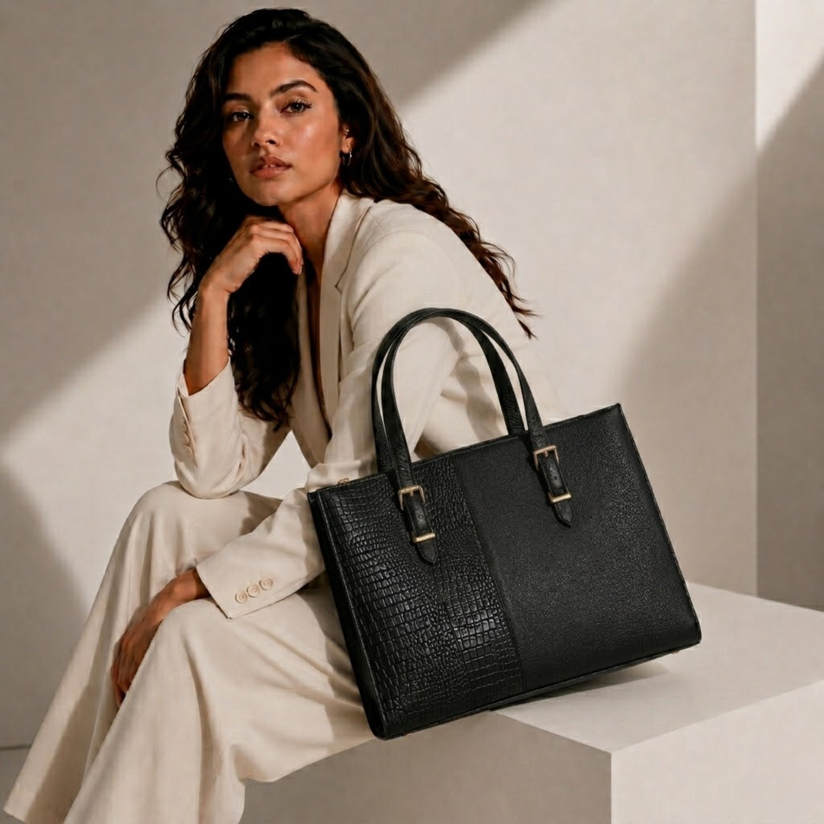 TANHOOD Latina Women’s Genuine Leather Tote Bag – Black Croco & Solid Pattern Embossed with Detachable Shoulder Strap