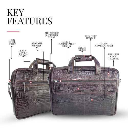 Tanhood Lucca Dark Brown Genuine Leather Croco Pattern Laptop Bag | Professional Office Messenger Bag for Men | Shoulder & Hand Carry Briefcase